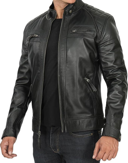 Genuine Black Lamb Skin Leather Disc Jacket For Men.