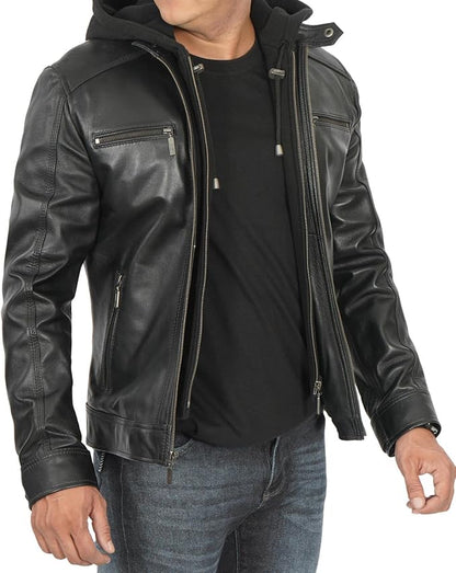 Genuine Black Lamb Skin Leather Hooded Jacket For Men.