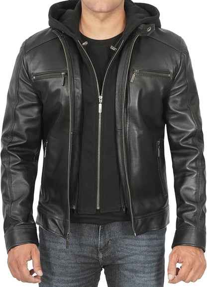 Genuine Black Lamb Skin Leather Hooded Jacket For Men.