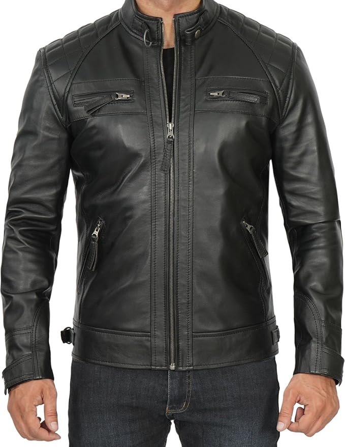 Genuine Black Lamb Skin Leather Disc Jacket For Men.