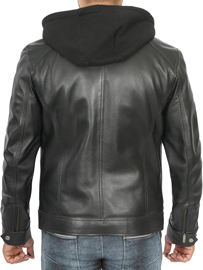 Genuine Black Lamb Skin Leather Hooded Jacket For Men.