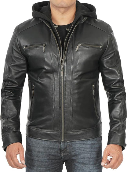 Genuine Black Lamb Skin Leather Hooded Jacket For Men.