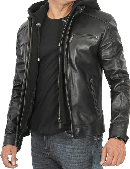 Genuine Black Lamb Skin Leather Hooded Jacket For Men.