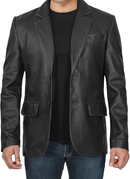 Genuine Black Lamb Skin Leather Blazzer Jacket For Men.