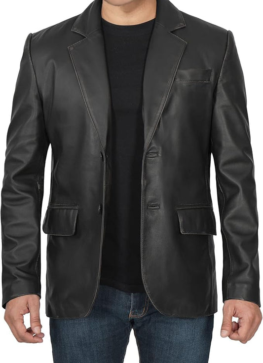 Genuine Black Lamb Skin Leather Disc Jacket For Men.