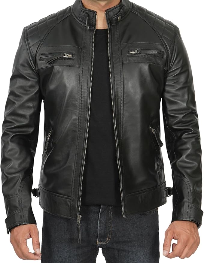 Genuine Black Lamb Skin Leather Disc Jacket For Men.