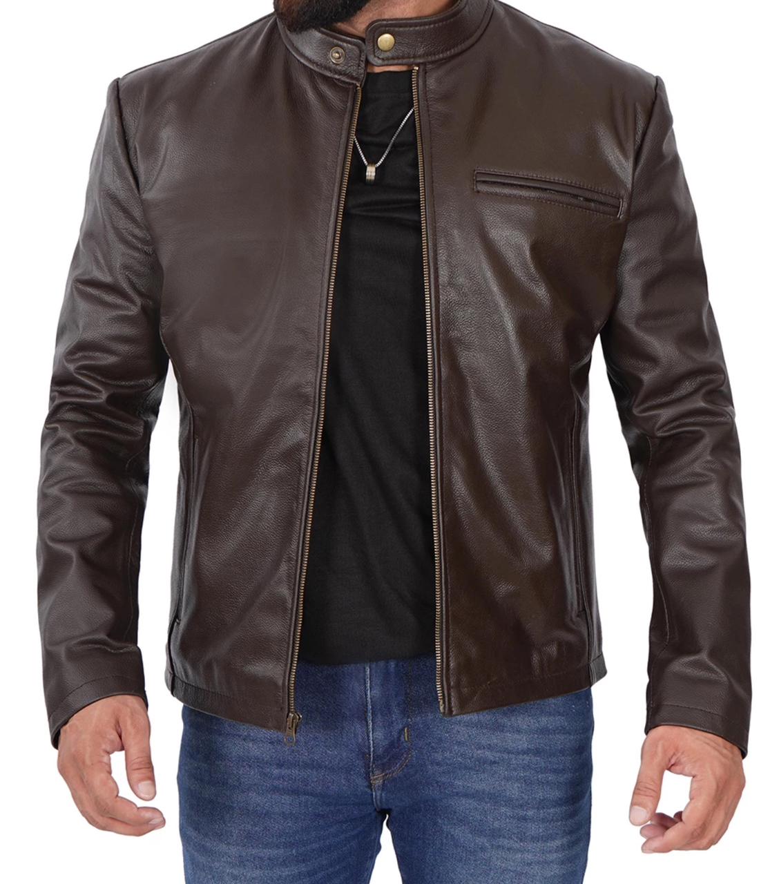 Genuine Brown Lamb Skin Leather Jacket For Men.