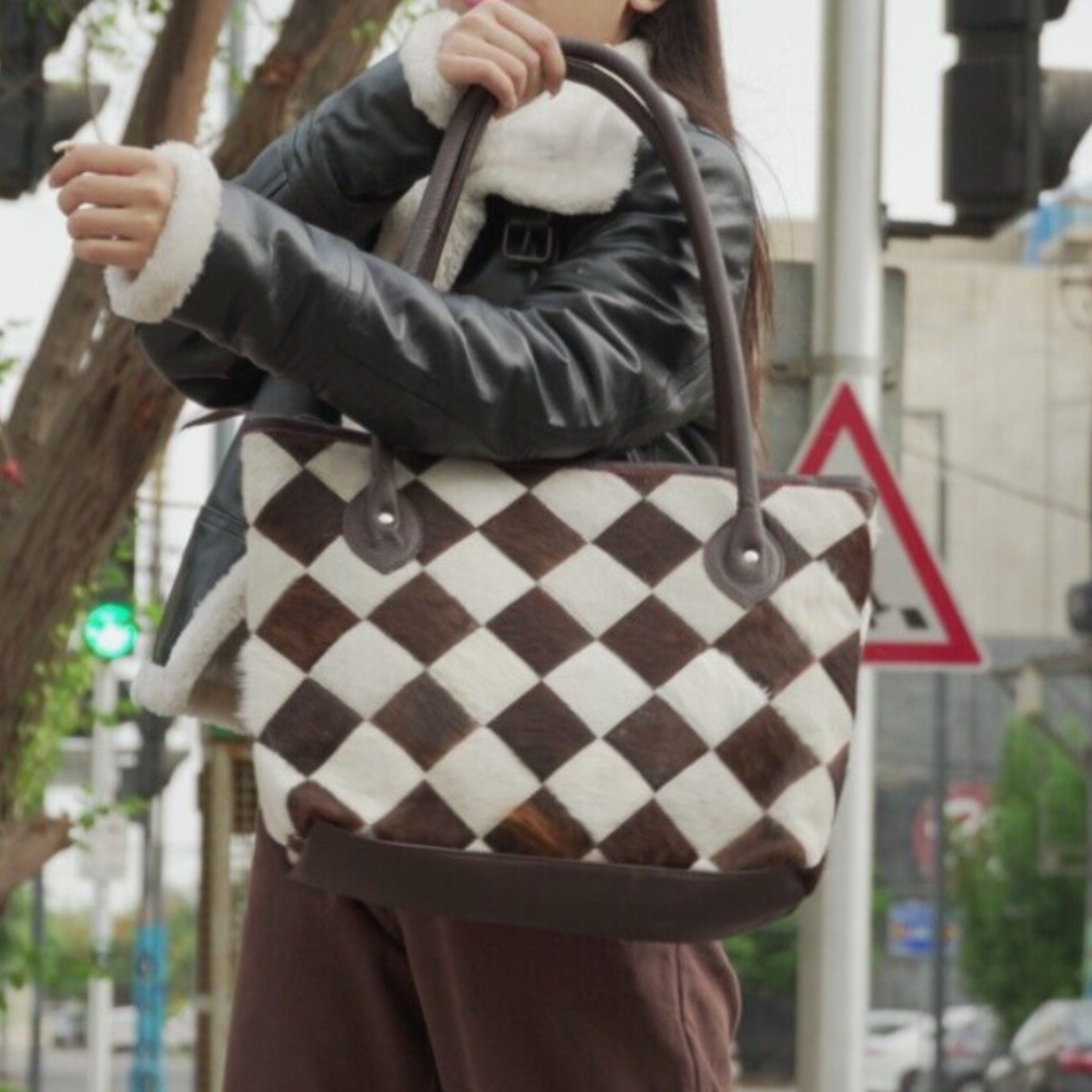 Natural Cow hairon Leather Patchwork Ladies Tote Bag | Natural Patchwork Pattern